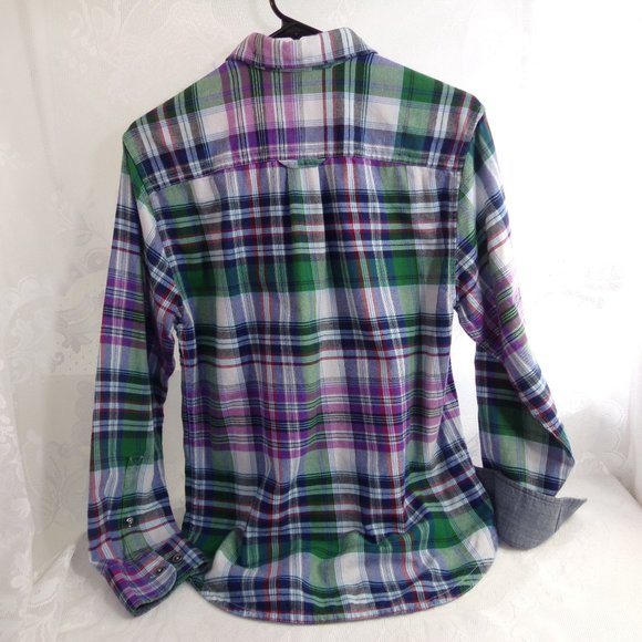 Tommy Bahama Plaid Tencel Blend Montauk Flannel Purple Plaid XS Metal Buttoned - Picture 2 of 15